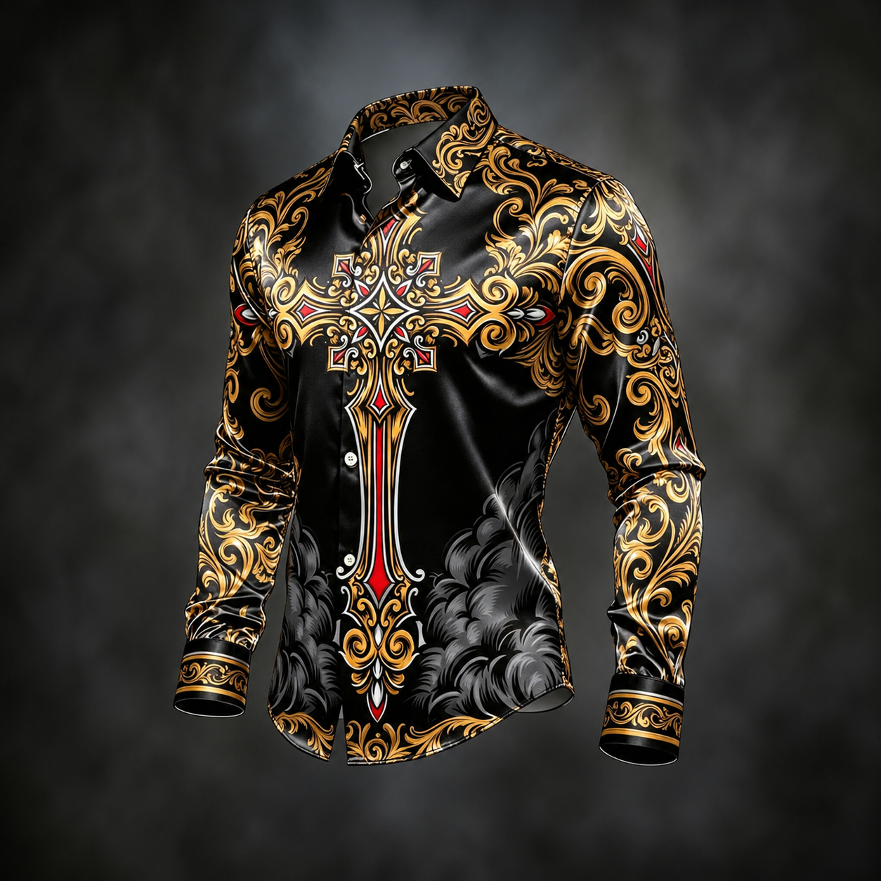 para hombre Black Gold Cross Medallion Baroque Print de manga larga con botones camisa