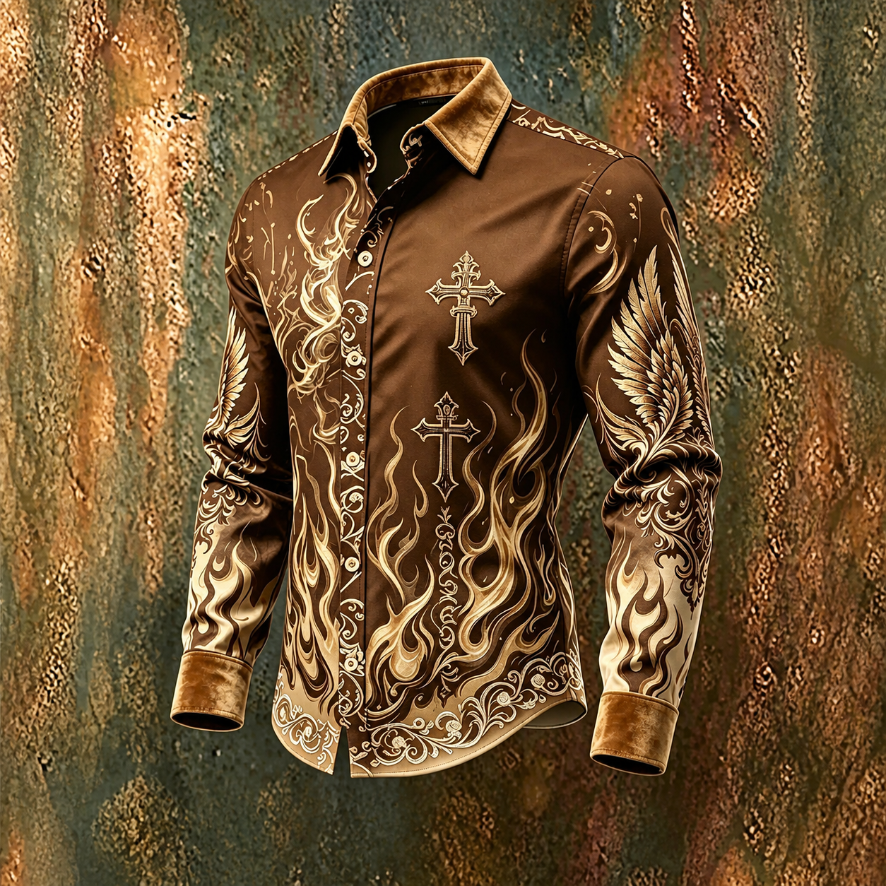 para hombre Brown Gold Flame Cross Graphic de manga larga con botones camisa