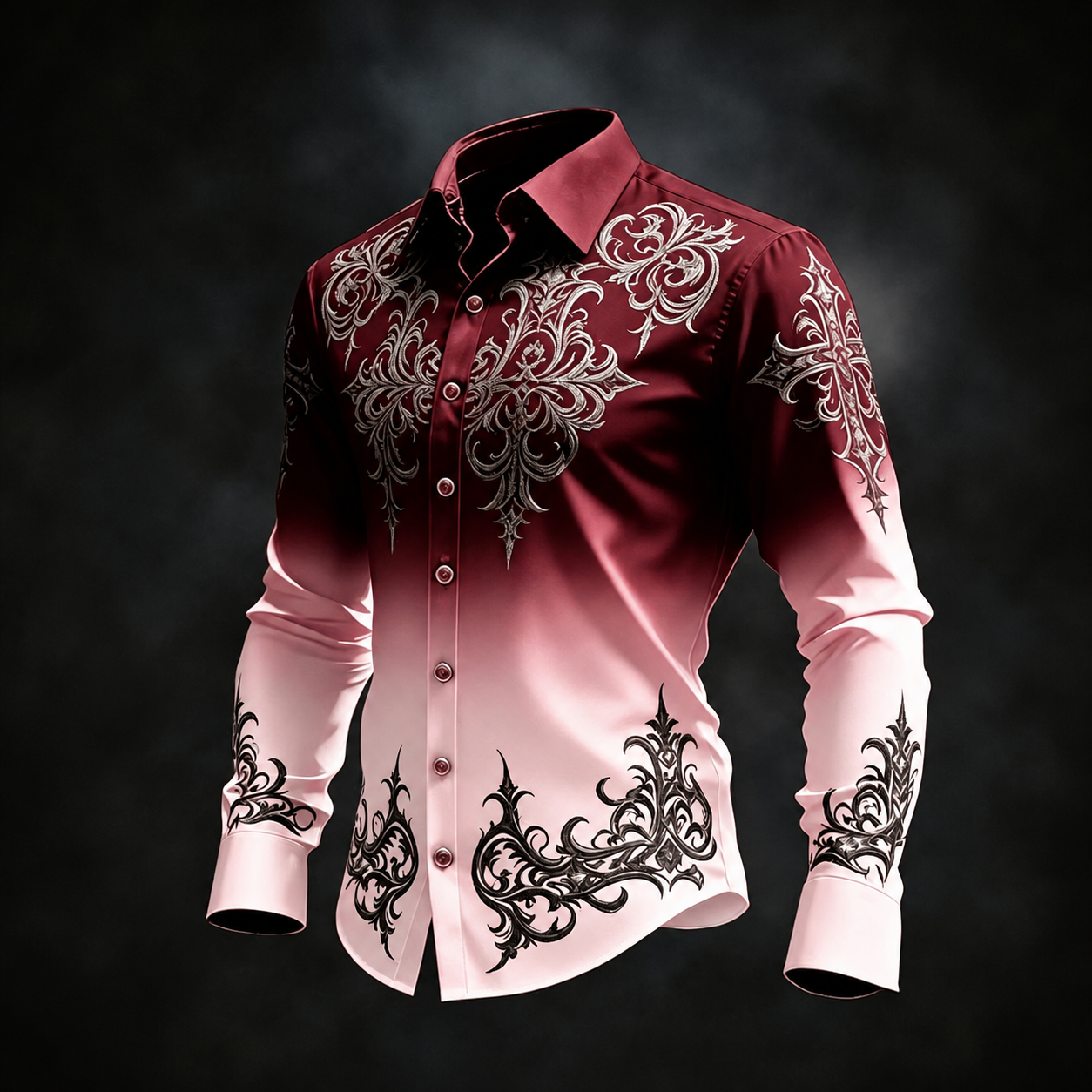 para hombre Burgundy Pink Gradient Baroque Print de manga larga con botones camisa