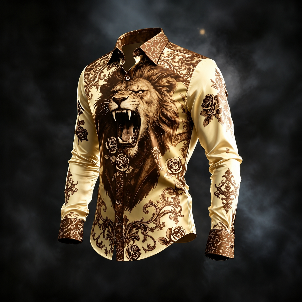 para hombre Beige Lion Graphic Baroque Print de manga larga con botones camisa