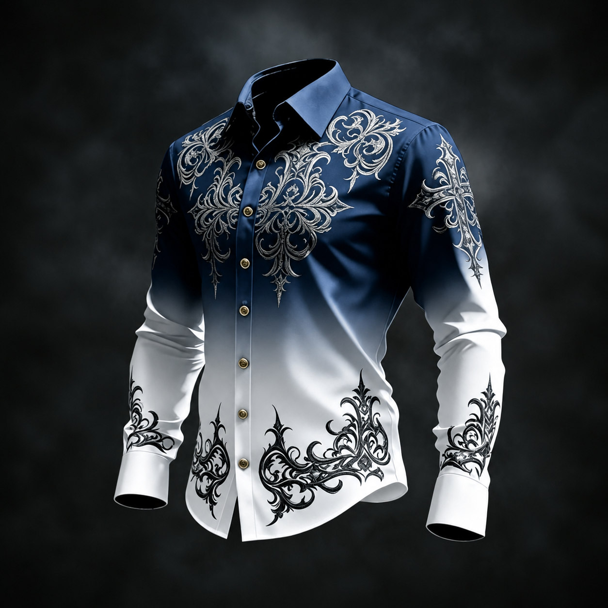 para hombre Navy White Gradient Baroque Print de manga larga con botones camisa
