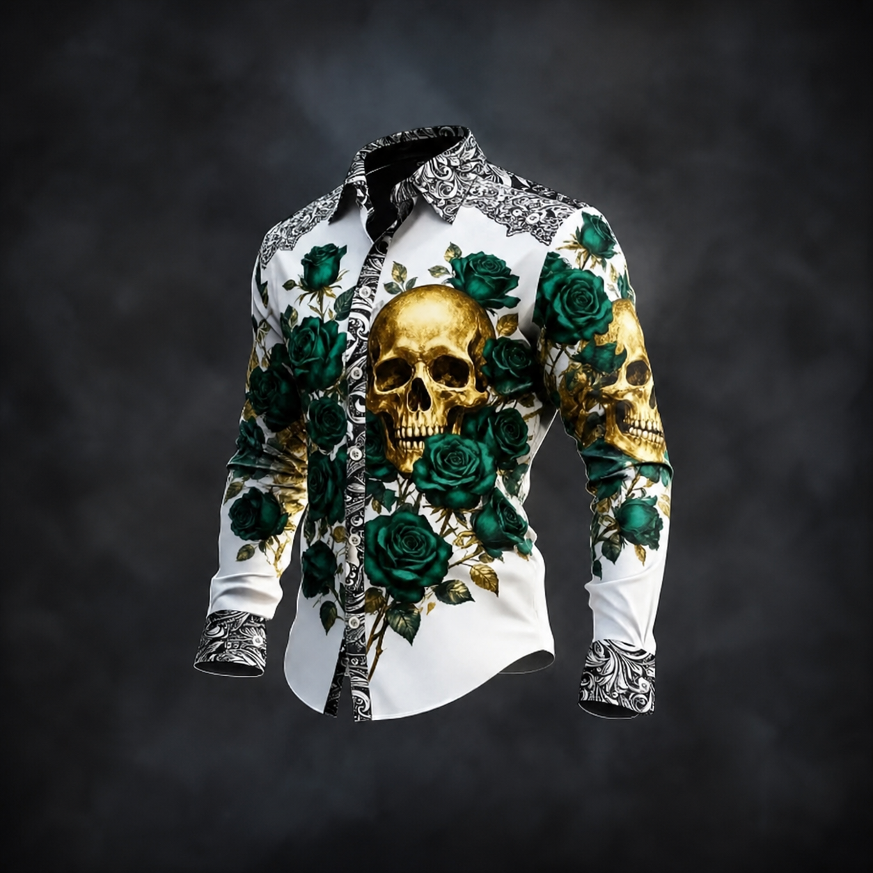 para hombre White Skull Green Rose Graphic de manga larga con botones camisa