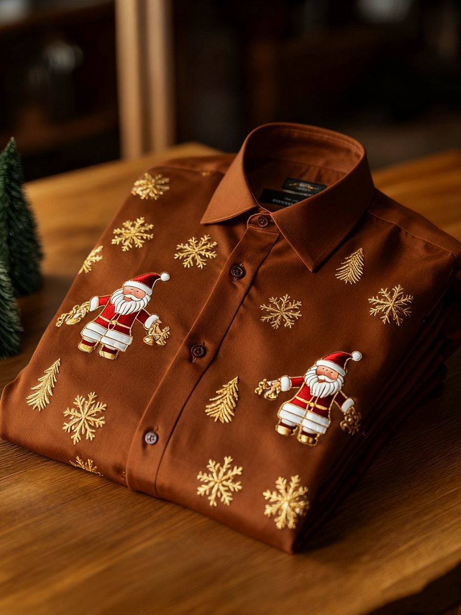 Camisa ejecutivo retro New Year Christmas estampado de manga larga para hombre