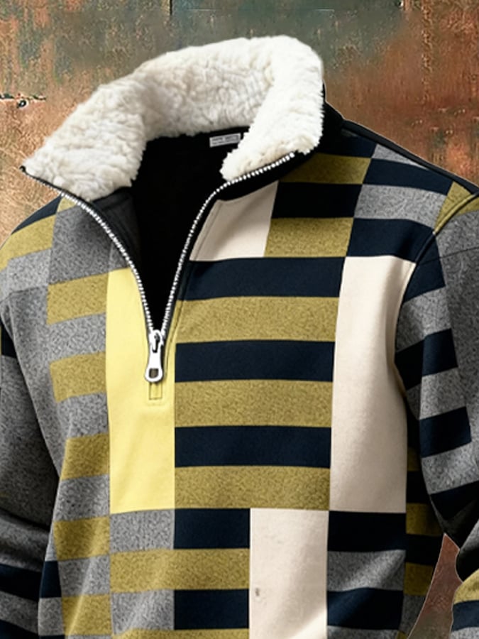 Sudadera retro en bloques de color estampado casual Fur cuello para hombre