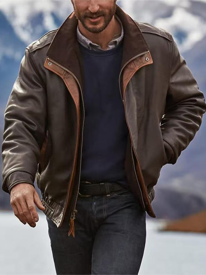 Chaqueta elegantee Open bolsillo Button Design Warm cuero para hombre