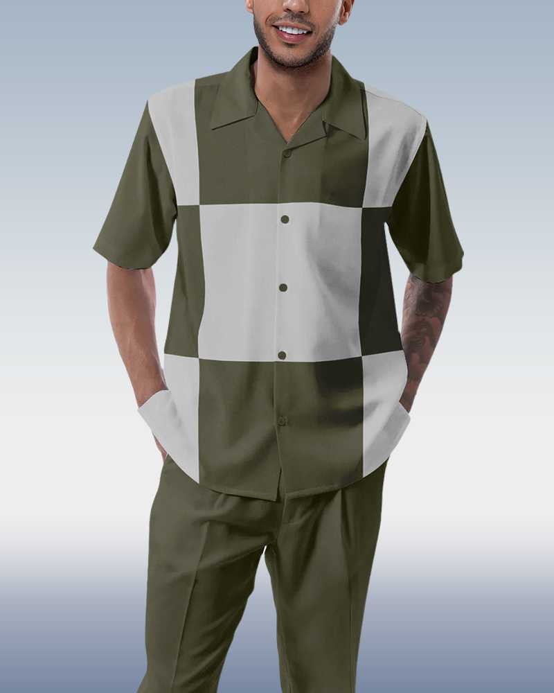 Olive Block Walking Suit 2-Piece de manga corta Suit