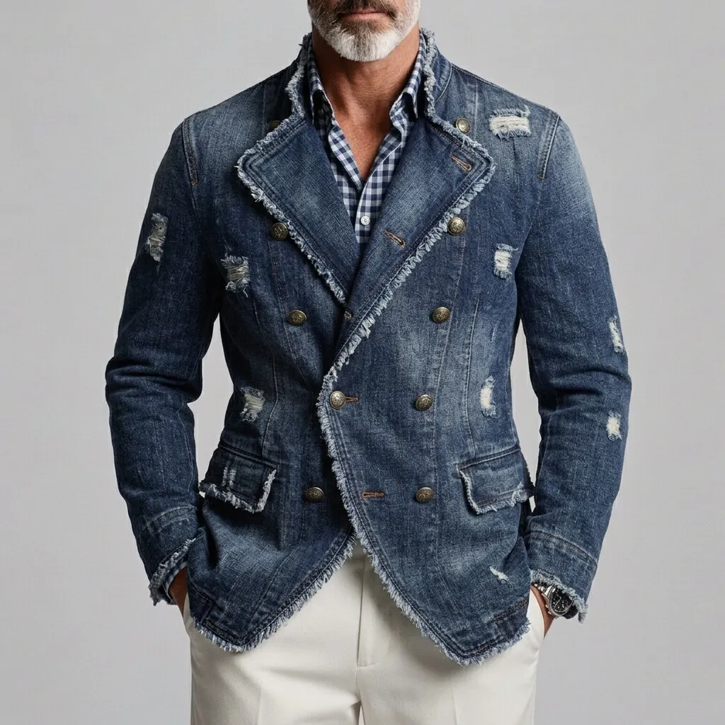 para hombre retro Ripped Frayed Edge Stand Collar Double-Breasted Denim chaqueta