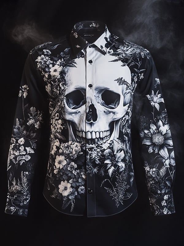 Camisa para exterior vintage Skull and floral de manga larga para hombre