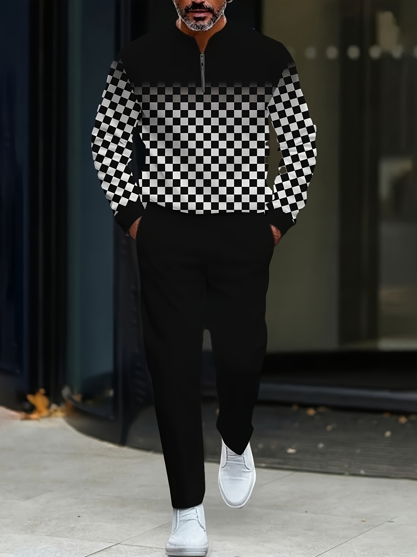 Conjunto de dos piezas casual Black White Checked estampado Round-Neck Zipper de manga larga Trousers para hombre