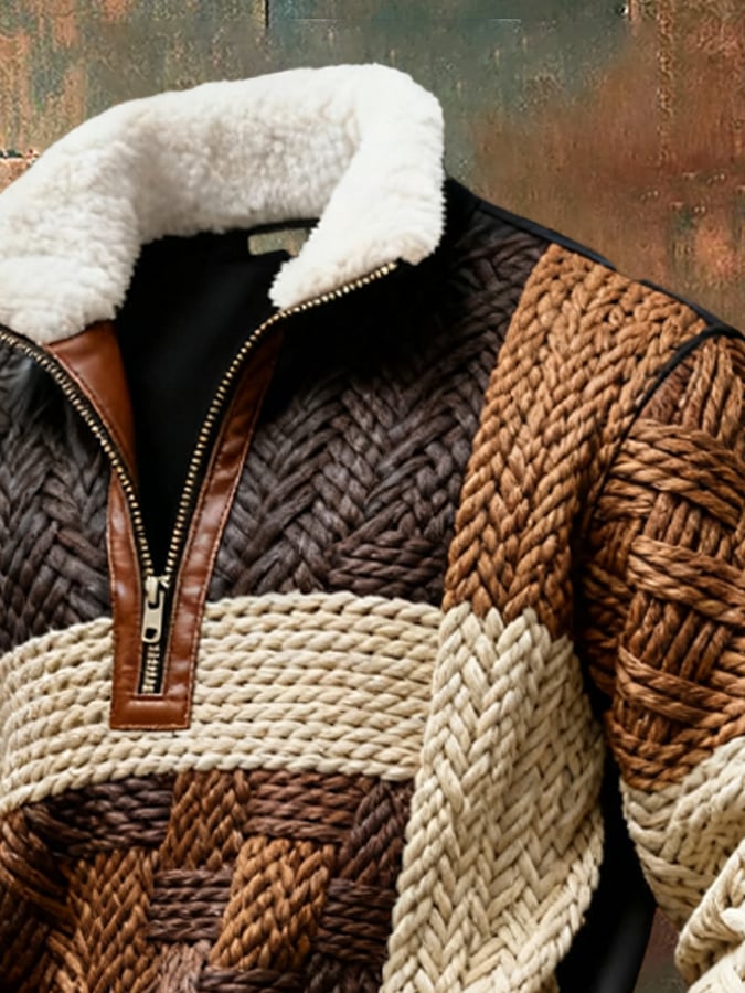 Sudadera retro en bloques de color estampado casual Fur cuello de manga larga para hombre