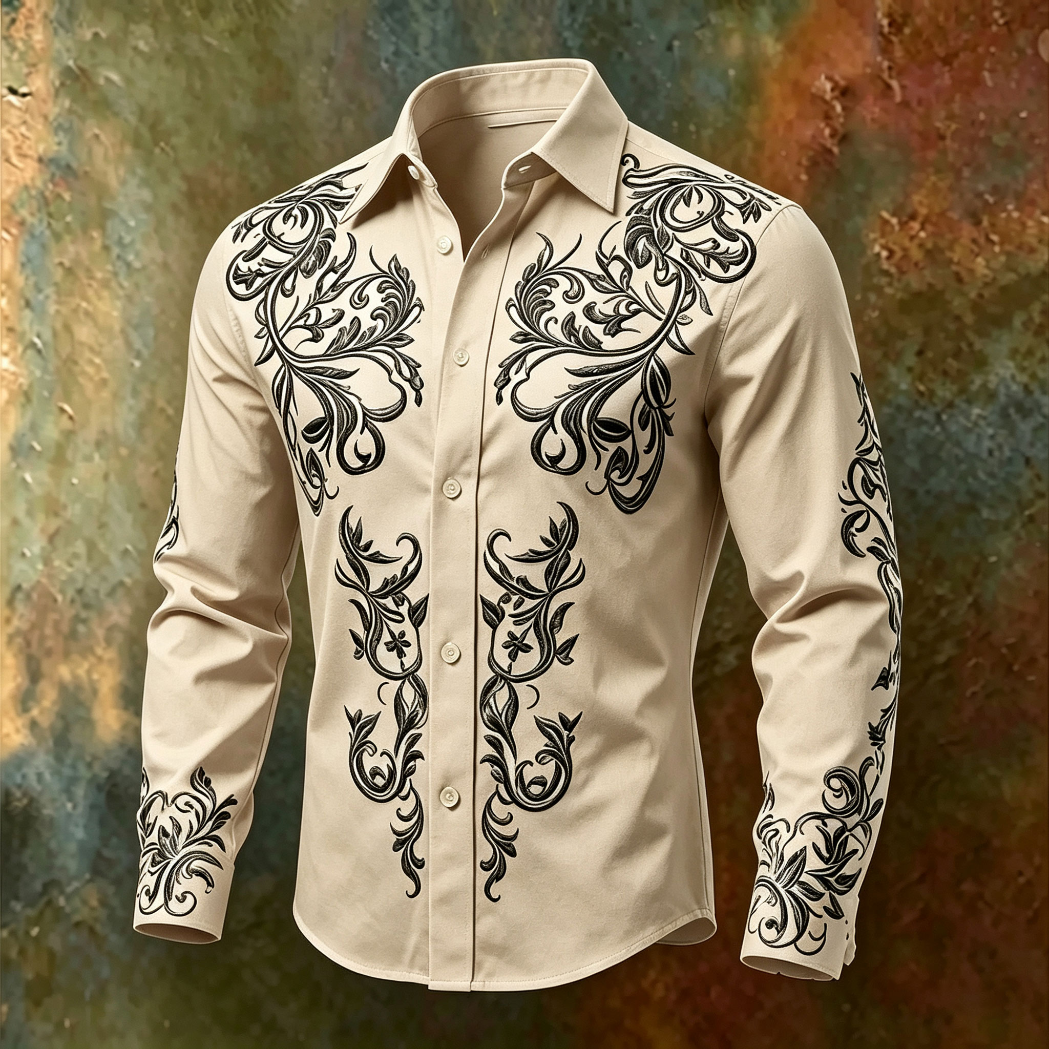 para hombre floral-Print de manga larga camisa