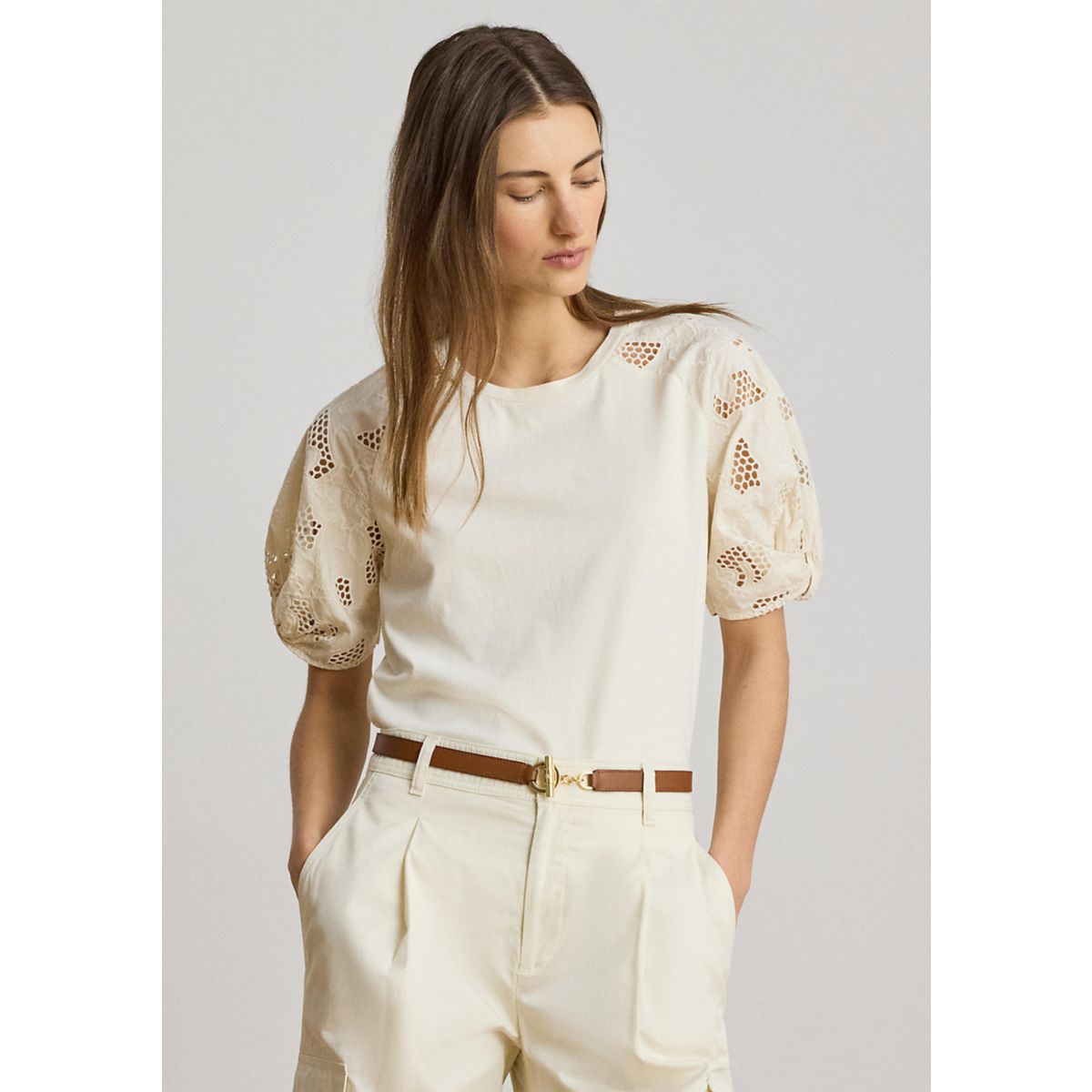 Women's Eyelet-Bubble-Sleeve Cotton Top - 1