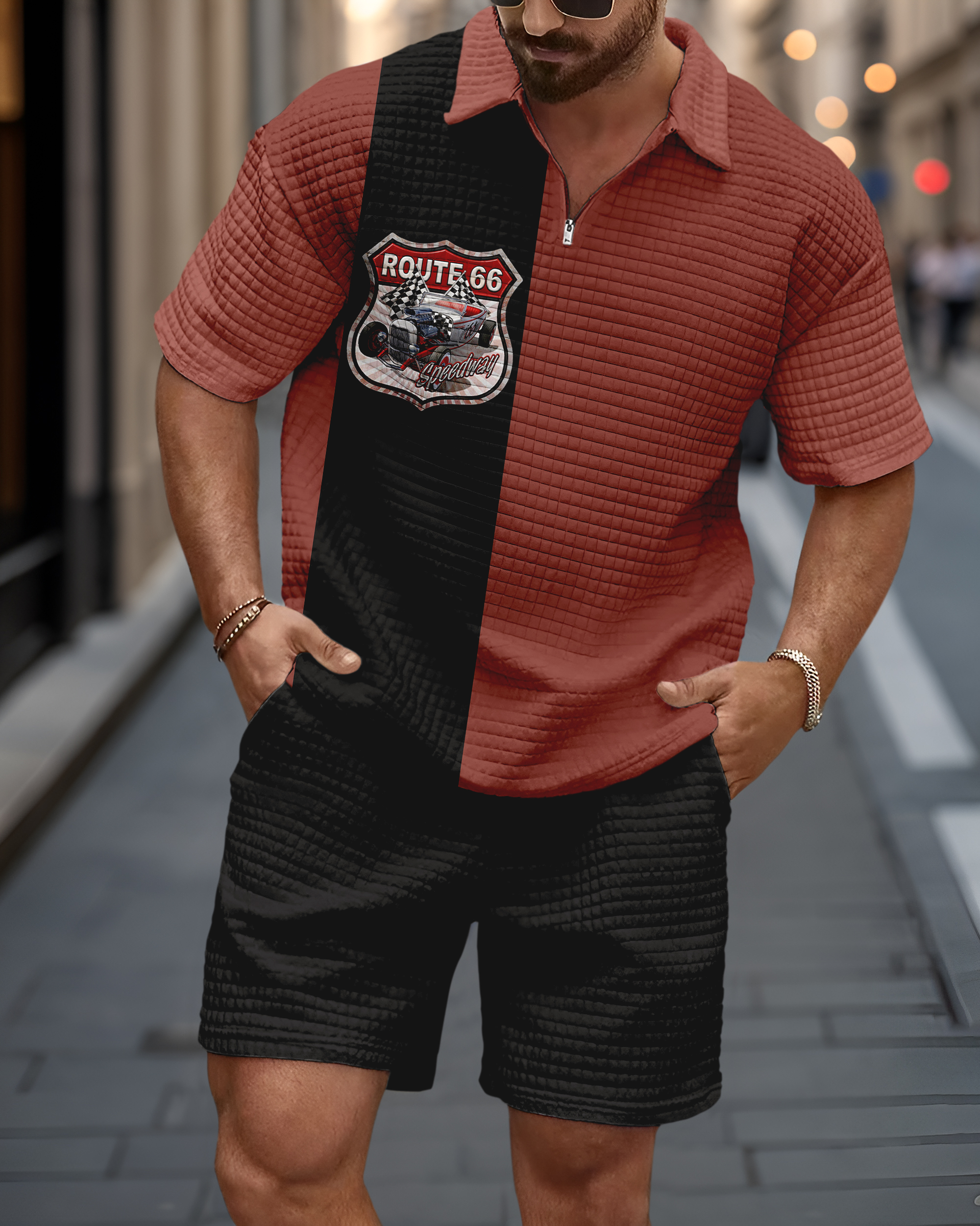 Casual Art estampado Waffle Texture Summer Polo Set 070 para hombre