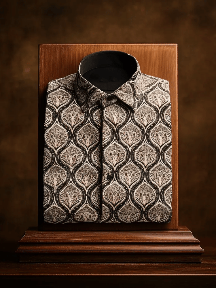 Camisa de lujo Romantic Contrast Color estampado de manga larga para hombre