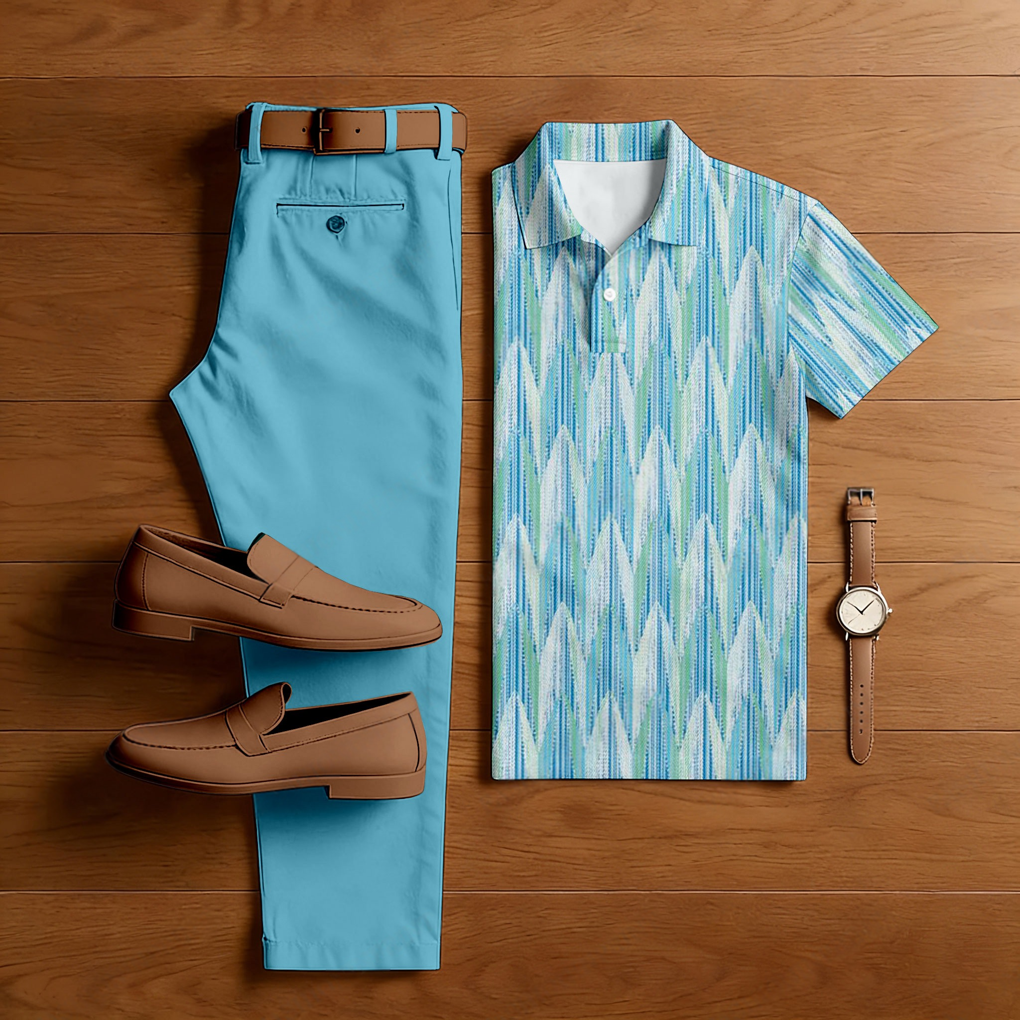 Conjunto de dos piezas casual Blue & White Color Matching Geometric estampado de manga corta camisa polo & Trousers para hombre