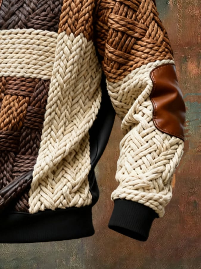 Sudadera retro en bloques de color estampado casual Fur cuello de manga larga para hombre