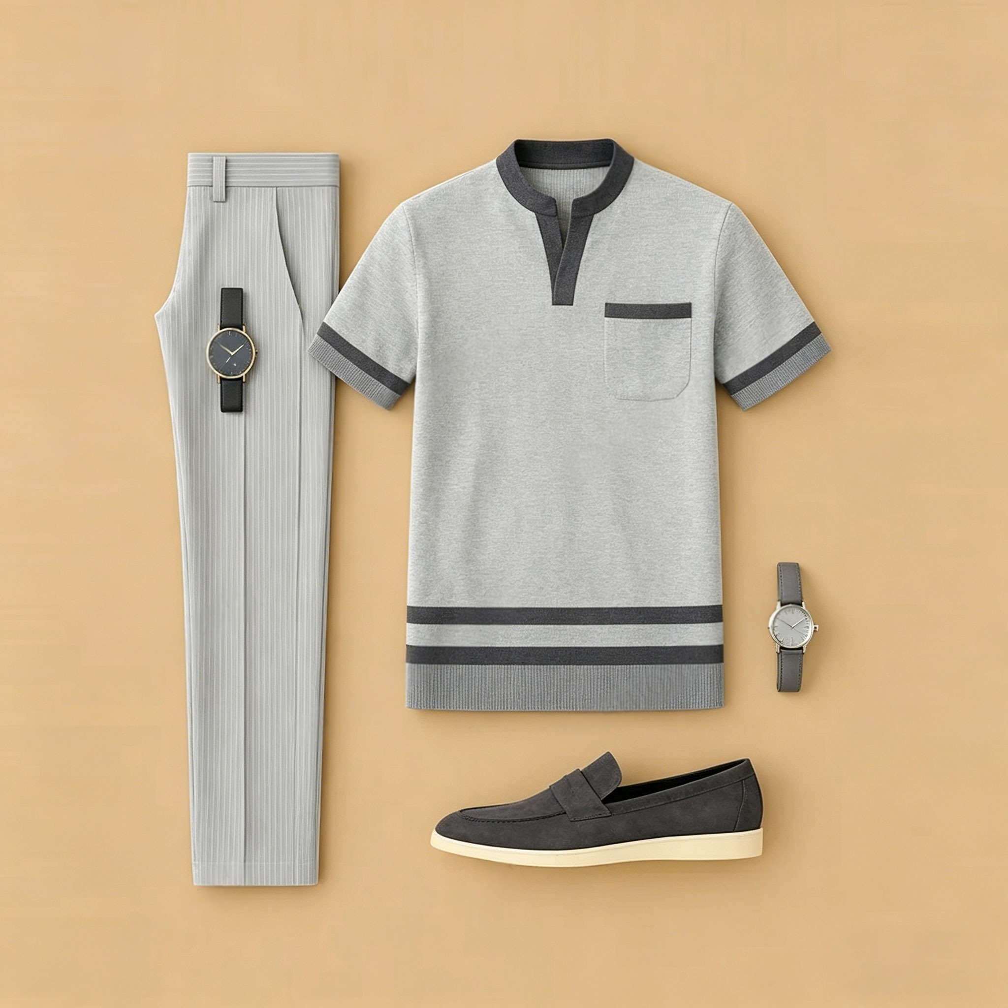 Conjunto de dos piezas casual Grey rayas estampado de manga corta camiseta And pantalón para hombre