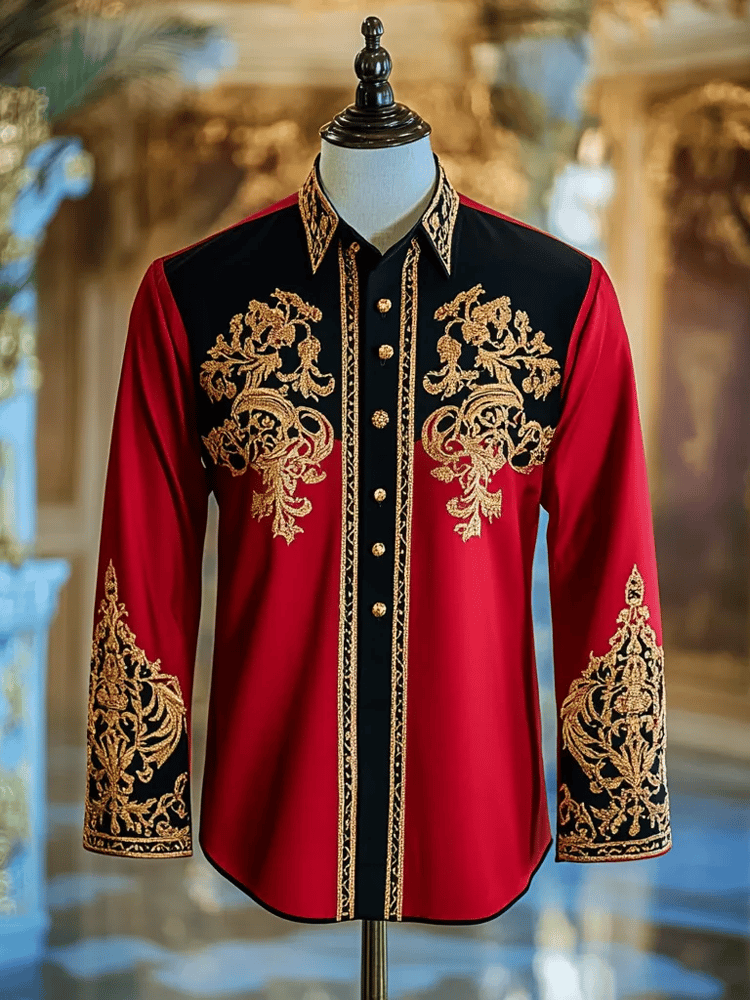 Camisa vintage de lujo Stand cuello de manga larga para hombre