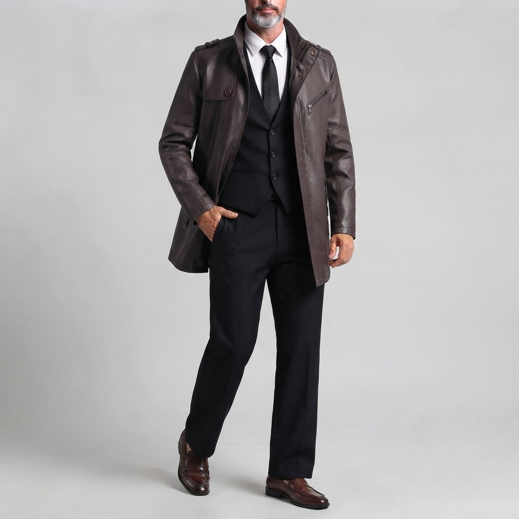 para hombre vintage Stand Collar de corte entallado Zipper Mid-Length PU Leather chaqueta