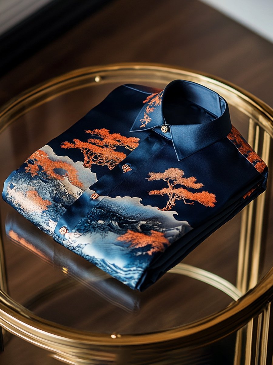 Camisa satén de lujo ejecutivo Ukiyo-E de manga larga para hombre