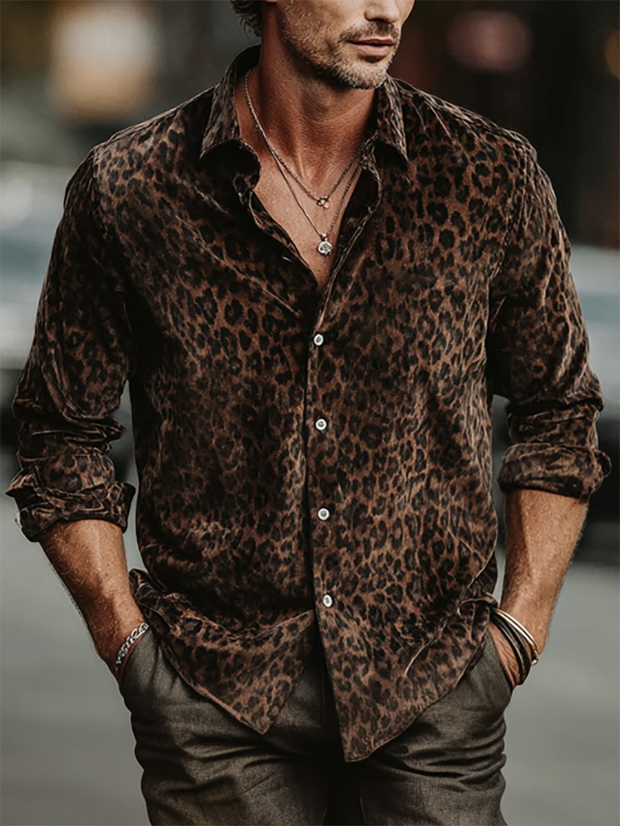 Camisa de lujo Party Leopard estampado terciopelo de manga larga para hombre