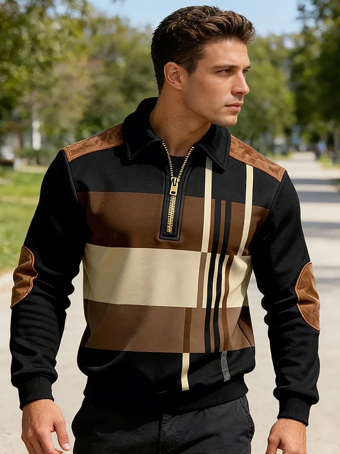 Sudadera retro en bloques de color estampado cierre para hombre