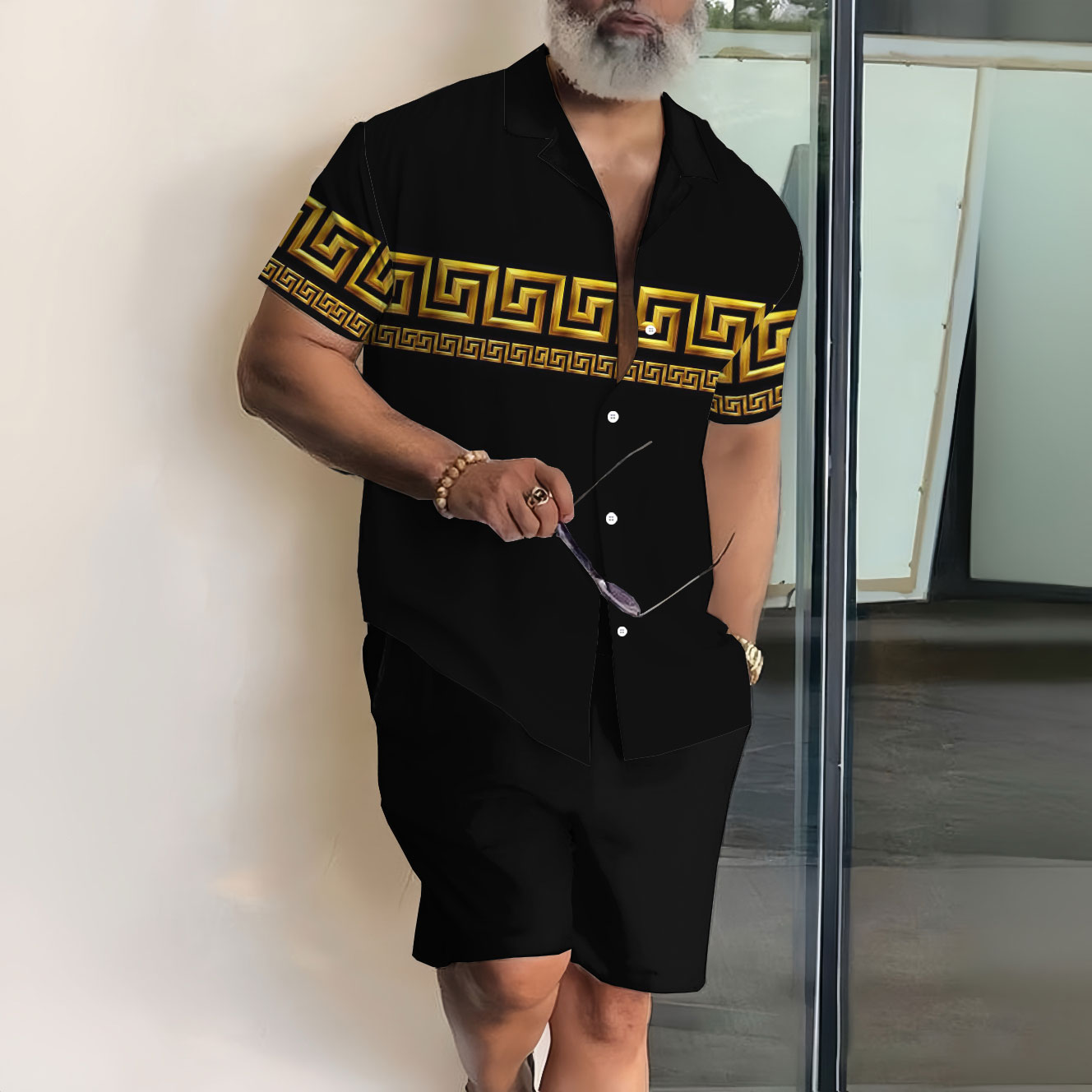 Conjunto de dos piezas de moda casual Lapel estampado de manga corta camisa para hombre
