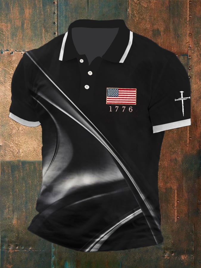 Camisa polo Independence Day retro Contrast Design Flag casual estampado para hombre