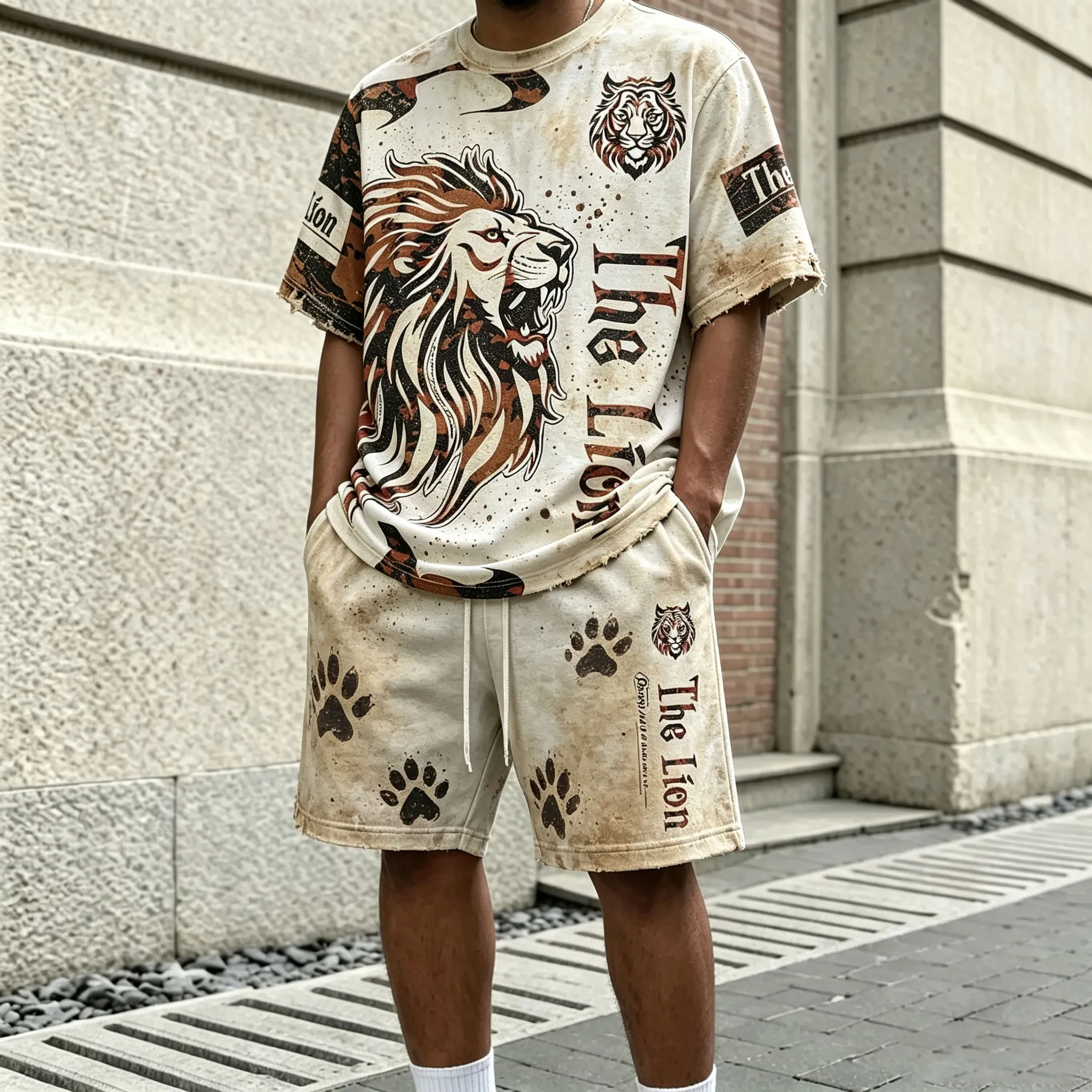 para hombre Two-Tone Crew-Neck de manga corta camiseta and shorts Set