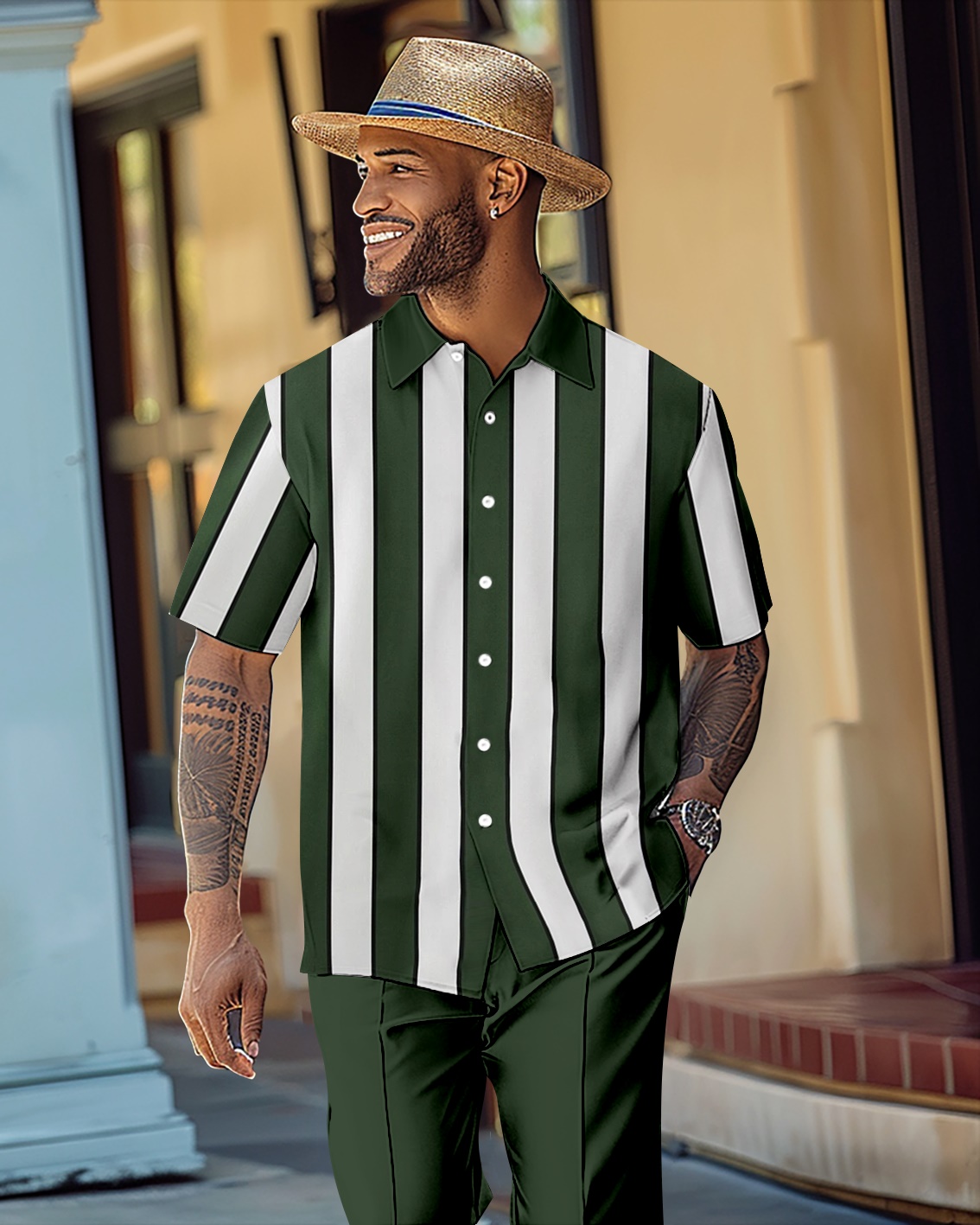 Camisa retro Colorblock de manga corta Walking Suit 1159 para hombre