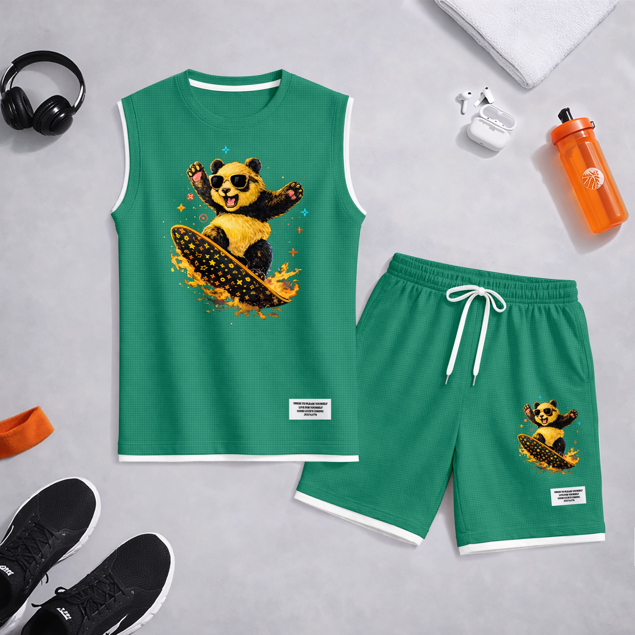 Shorts Cartoon Panda Graphic estampado Summer Set Sleeveless Tank Top & Matching Outfit, Skateboard Style Animal estampado Lightweight casual Streetwear Athletic Set for Everyday & Holiday para hombre