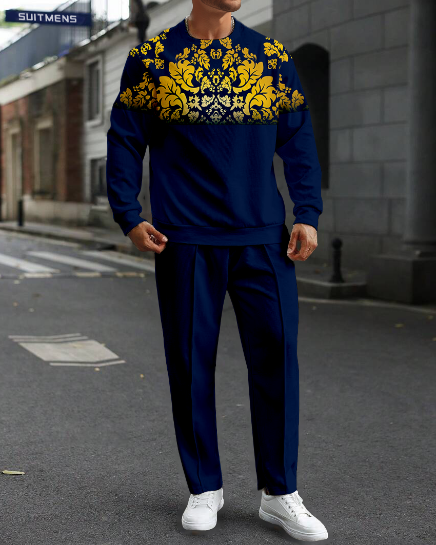 Dark Blue Round Neck casual Sports Set 071 para hombre