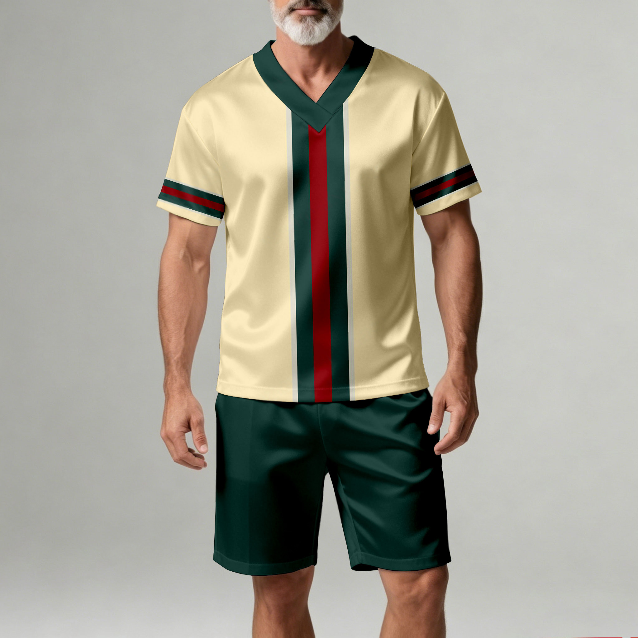 Conjunto de dos piezas casual Off White Geometric estampado V-Neck de manga corta camiseta And shorts para hombre