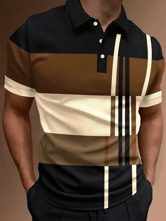 Camisa polo retro Contrast Design Button de manga corta casual para hombre