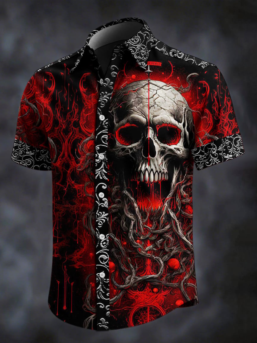 Camisa retro Skull estampado solapa de manga corta para hombre