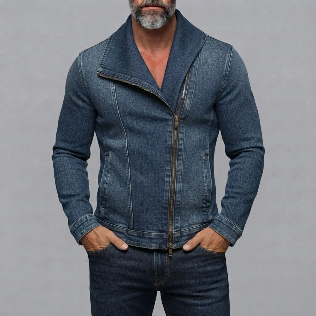 para hombre vintage Denim Lapel Collar Slant Pocket Slim Asymmetrical con cierre chaqueta