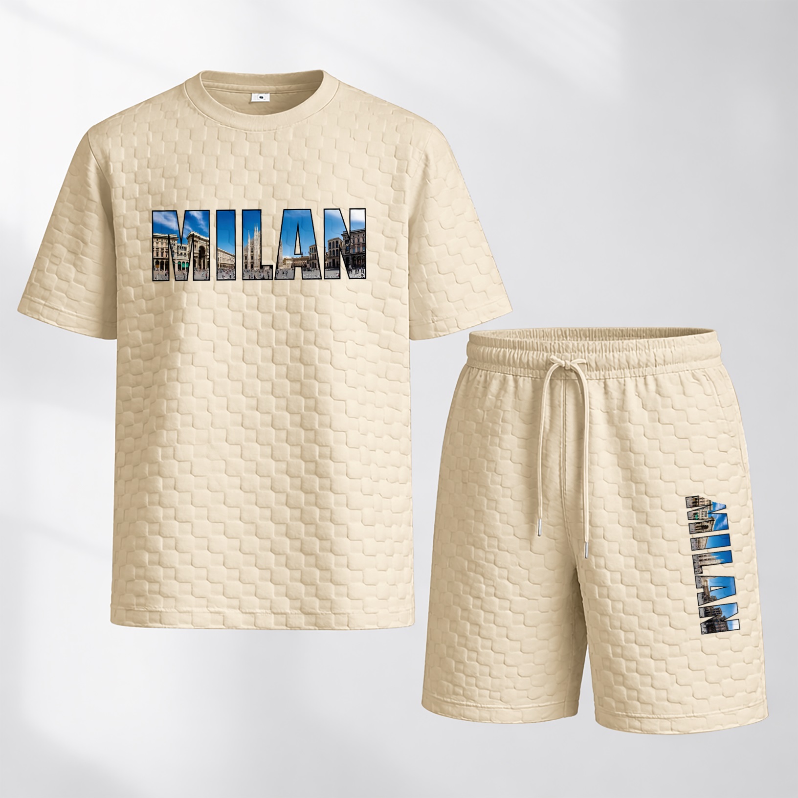 Camisa Spring and Summer Milan Letter estampado Checkered Fabric Drawstring shorts Set, casual Summer Outfit with de manga corta and shorts, Ideal for Everyday Wear and Sports Activities para hombre