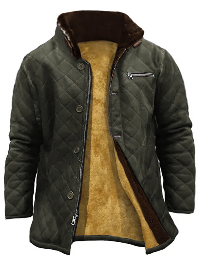 Abrigo de modaable Open bolsillo Button Design Quilting Imitation cuero Plush Warm para hombre