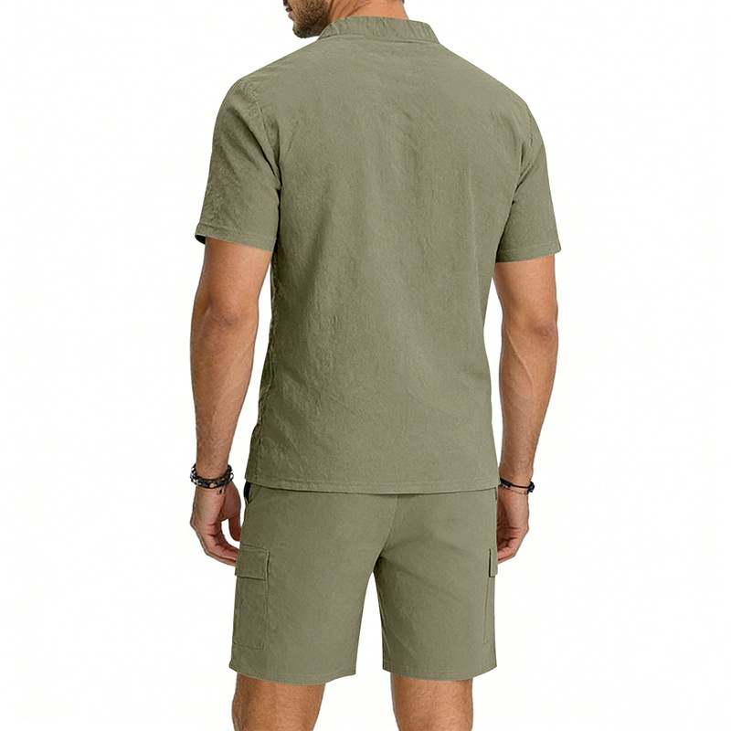 Conjunto de dos piezas European Style de lino casual Stand Collar de manga corta camisa and Cargo shorts Set, Lightweight transpirable Summer Outfit, holgado Fit Drawstring for Beach Vacation Travel Resort Streetwear Comfortable elegante Loungewear para hombre