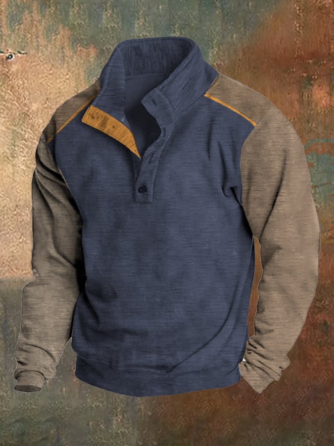 Sudadera polar retro Color Patchpara trabajo Stand cuello para hombre