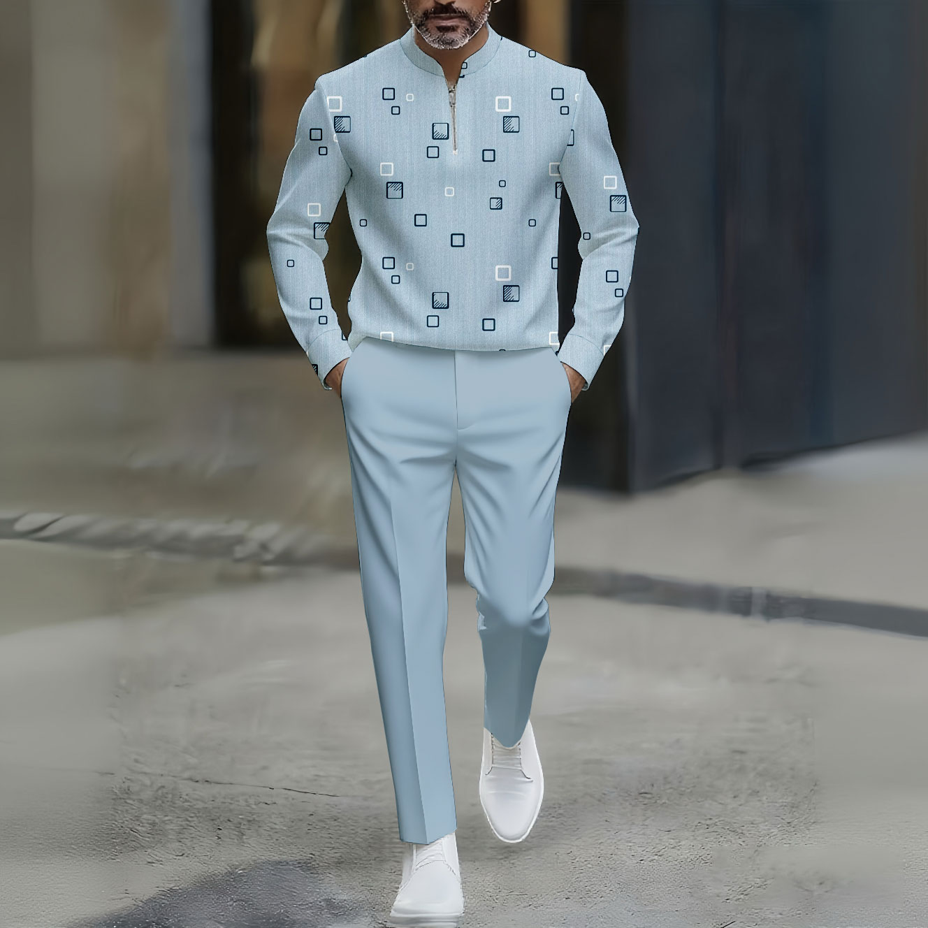 Conjunto de dos piezas casual Color Matching Checked estampado Round-Neck Zipper de manga larga Trousers Light Blue para hombre