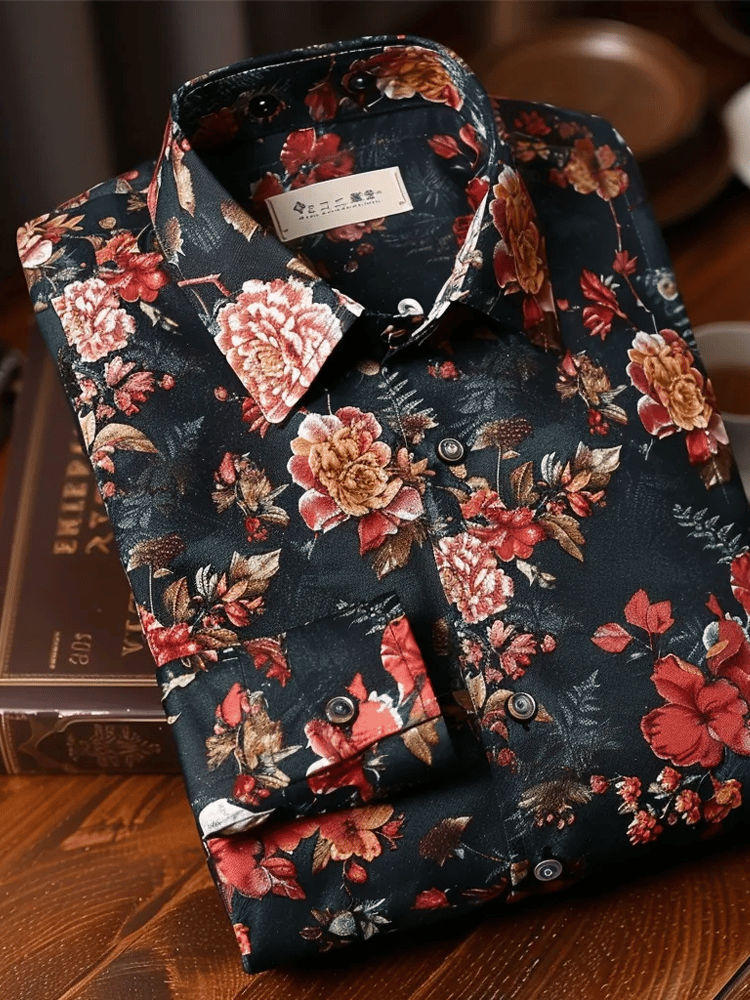 Camisa de lujo Romantic Contrast Color estampado de manga larga para hombre