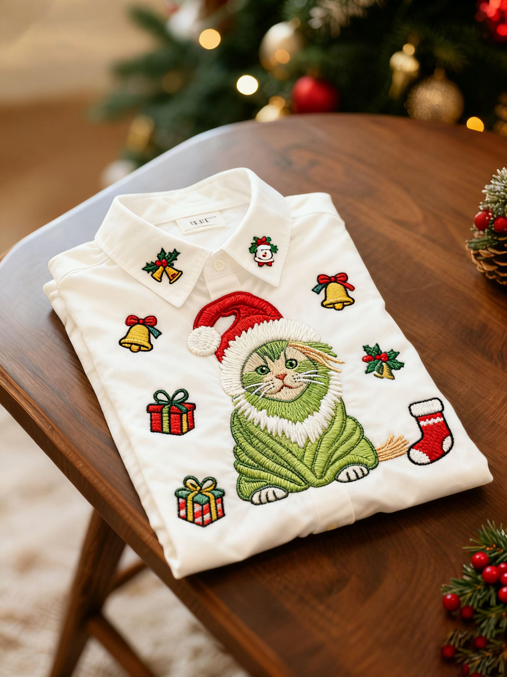 Camisa casual Christmas Green Fur Cat de manga larga para hombre