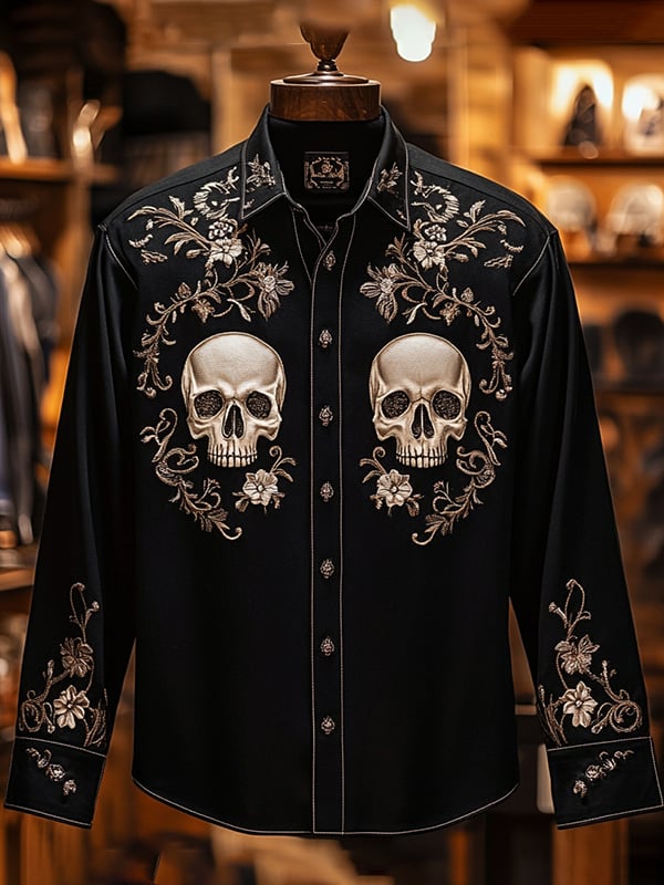 Camisa retro casual Skull estampado de manga larga para hombre