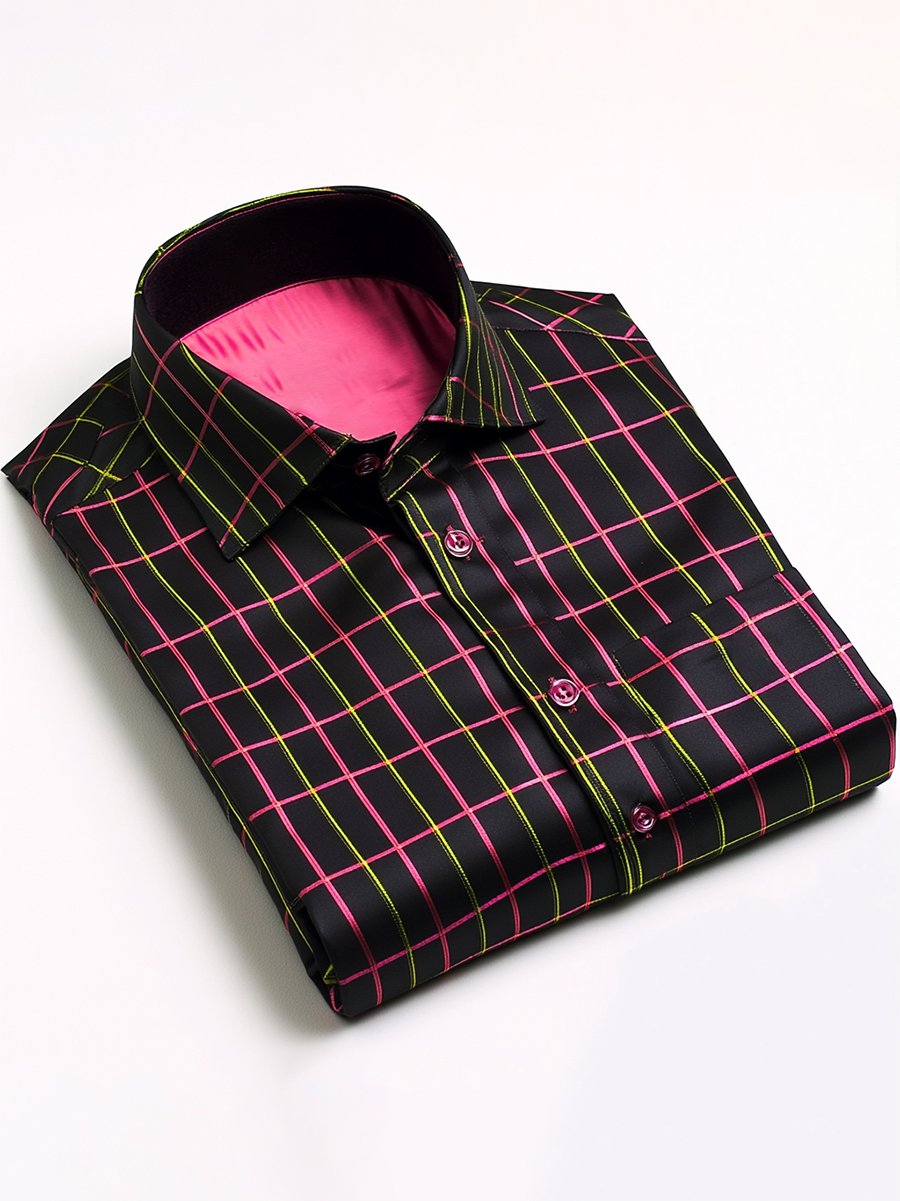 Camisa satén Luxe a cuadros de manga larga con botones para hombre
