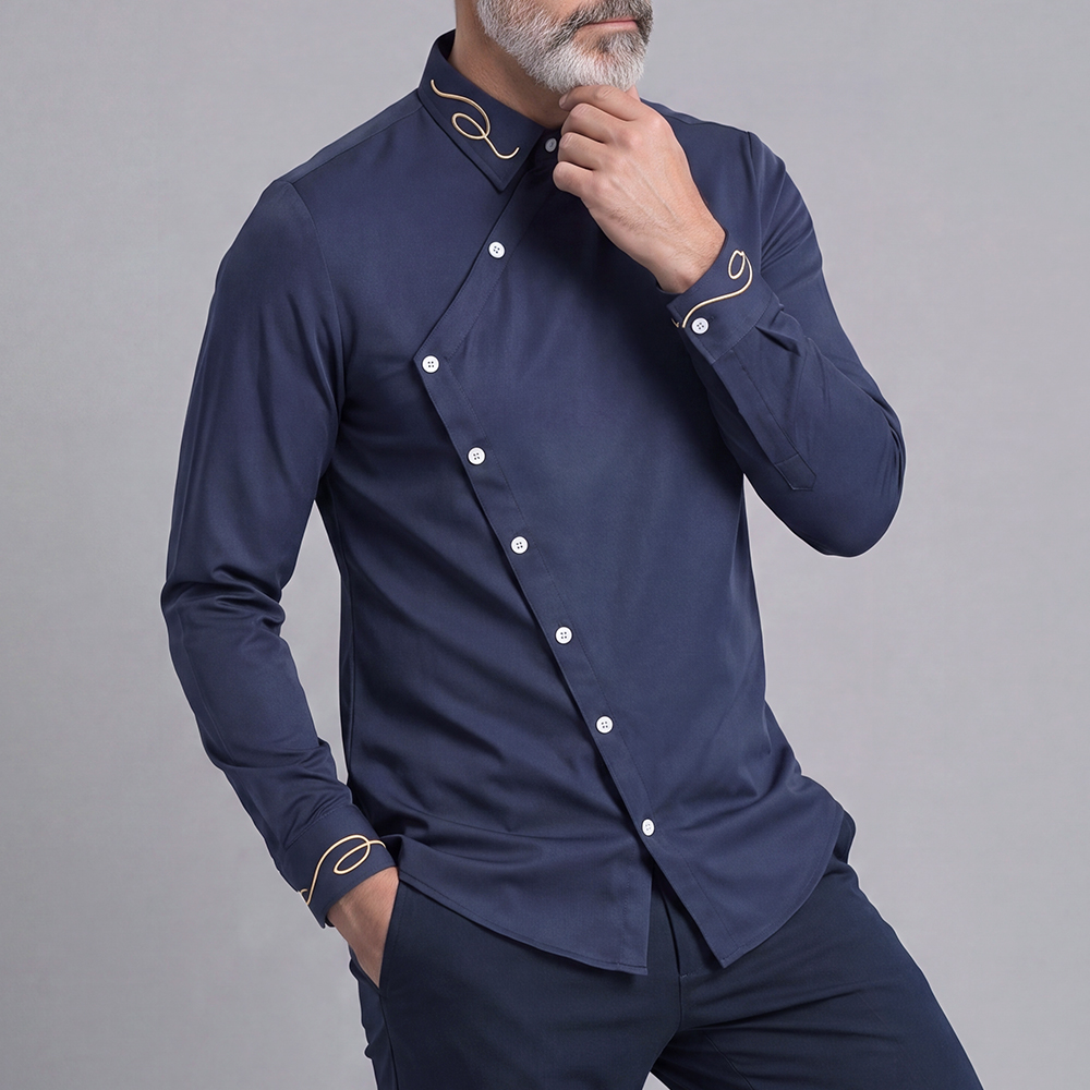 Camisa casual Solid-Color Slim-Fit de manga larga para hombre