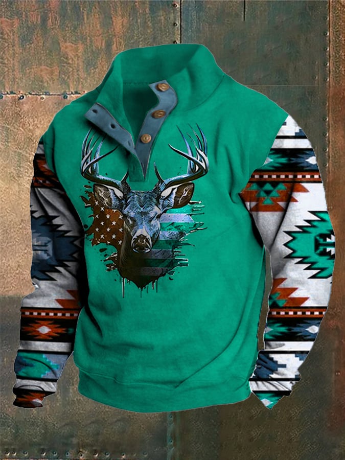 Sudadera Western Style estampado Stand cuello Button para hombre