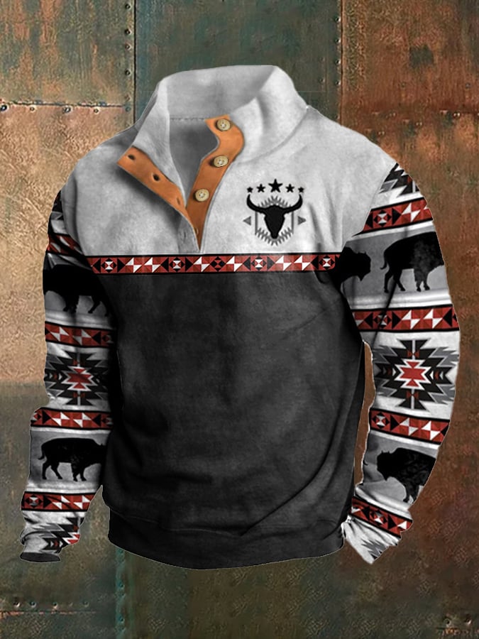 Sudadera Western Style estampado Stand cuello Button para hombre