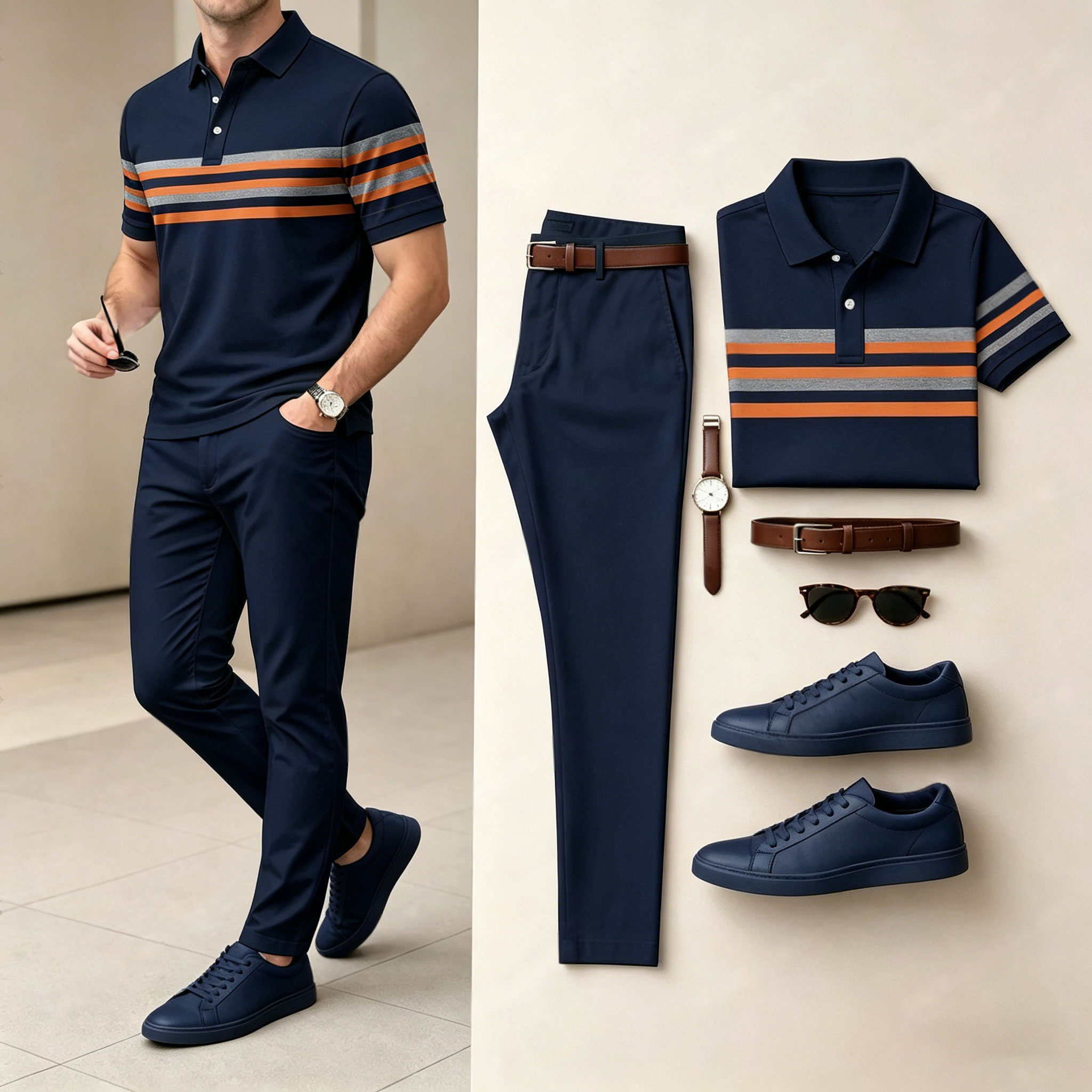 Camisa polo casual a rayas estampado de manga corta And pantalón Set (Excludes Accessories Such As Watches And Belts) para hombre