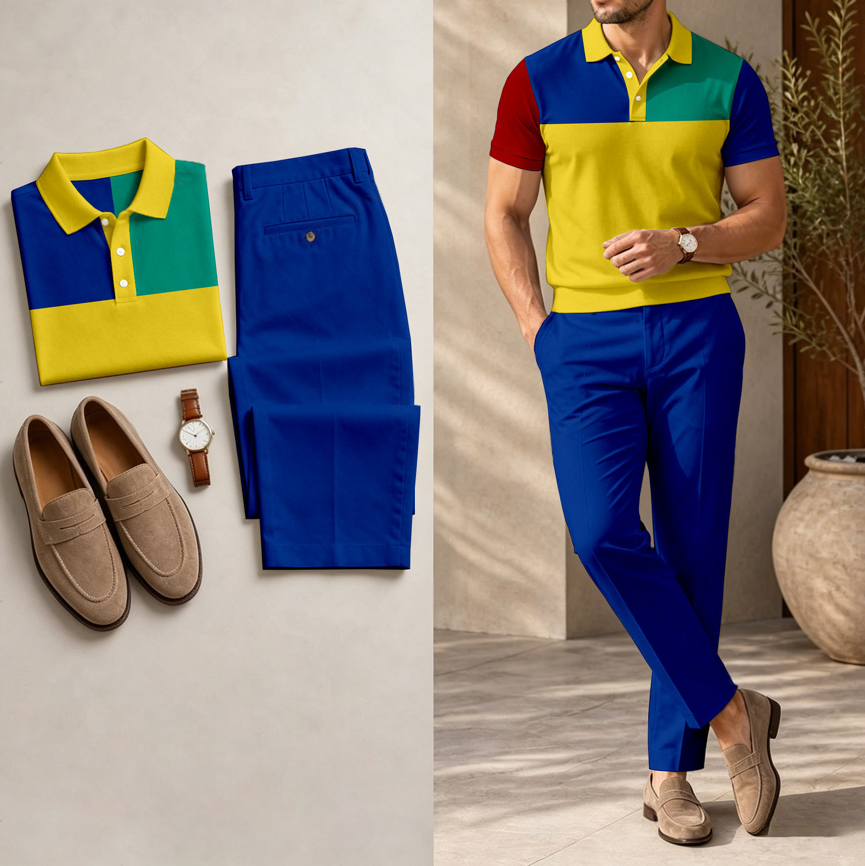 Conjunto de dos piezas casual Yellow estampado camisa polo And pantalón para hombre